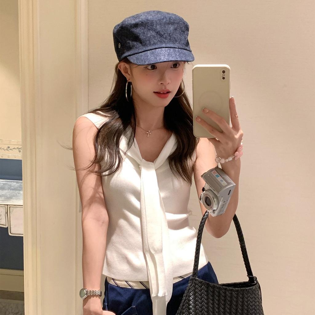 Premium feeling washed spring and summer denim equestrian hat high-end commuter newsboy hat pictorial hat flat top cap women