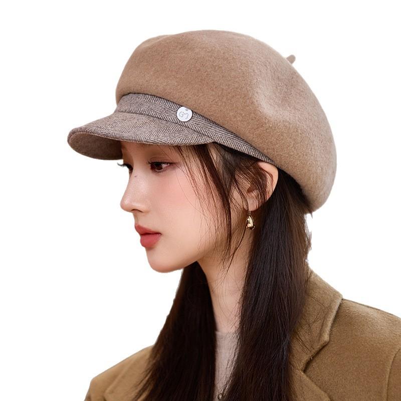Korean Version of Versatile Wool Warm Beret for Women Autumn and Winter Retro Thickened Painter Hat Big Head Circumference Newspaper Boy Hat