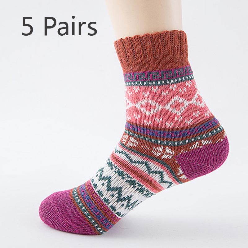 5 Pairs of Thick and Warm Cross-flower Rabbit Wool Socks with Ethnic Style and Coarse Needle Cashmere Socks for Autumn and Winter