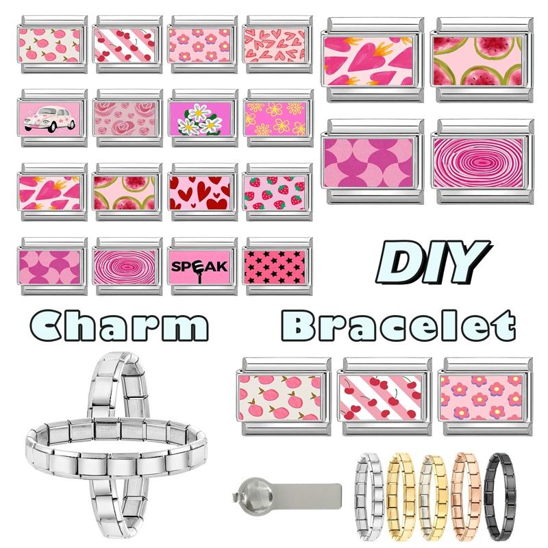 Fashion Pink Charm Car Rose Strawberry Cherry Heart Italian Links Fit 9mm Bracelets Bangle Stainless Steel DIY Making Jewelry