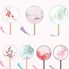 Silk Material Chinese Round Hand Fan Embroidery Design Ink Painting Ancient Tassel Dance Fan Long Handle Round Shape