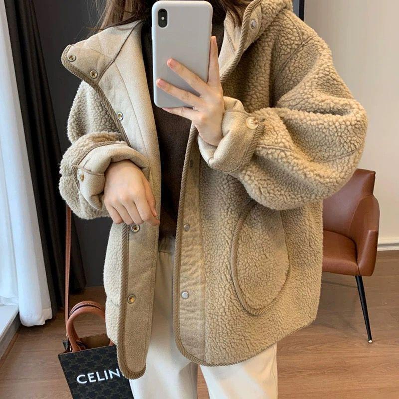 Autumn and Winter New Lamb Wool Piled Thickened Hooded Jacket Women's Korean Version Versatile