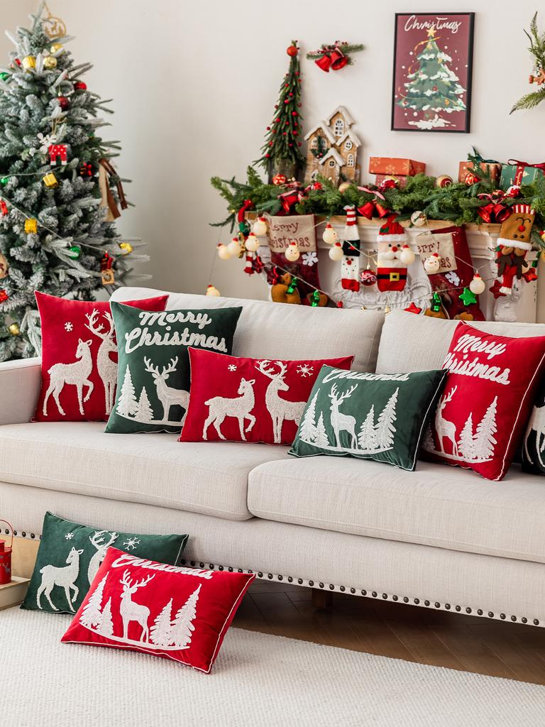 1 Piece 3D Embroidery Christmas Deer Red Green Velvet Pillowcase Non-Lightweight Seasonal Decorative Cushion Cover