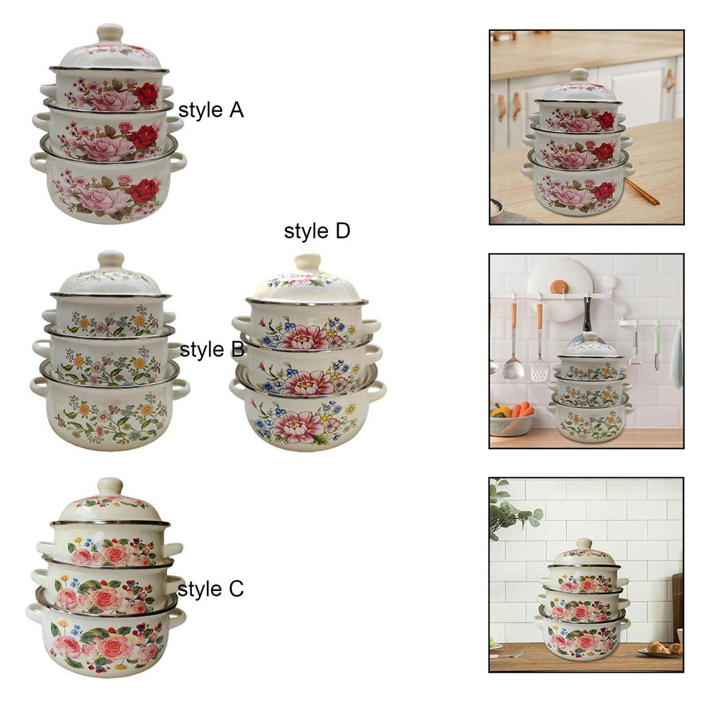3x Enamel Stockpots Simmering Pot Cookware Vintage Design Cooking Pots for Cooking Induction Cookers Gas Furnaces Kitchen Dining