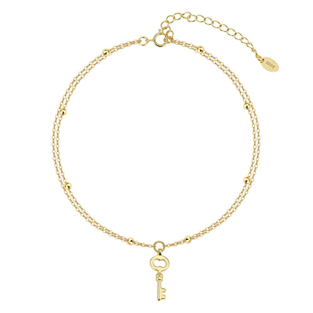 ORSA JEWELS Elegant Layered S925 Silver Satellite Anklet with Key Pendant for Women Summer Foot Chain Straps Jewelry SA102