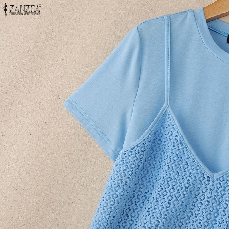 ZANZEA Women Casual Round Neck Splice Loose Short Sleeve Blouse