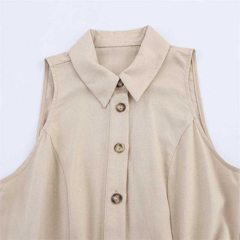 Women's Turn Down Collar Sleeveless Mini Dress Loose Fit Mid Rise Minimalist Belted A Line Shirt Dress