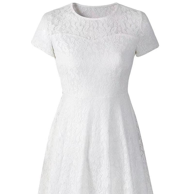 Mode Damen Rundhals Kurzarm Plissee Spitze Slim Kleid