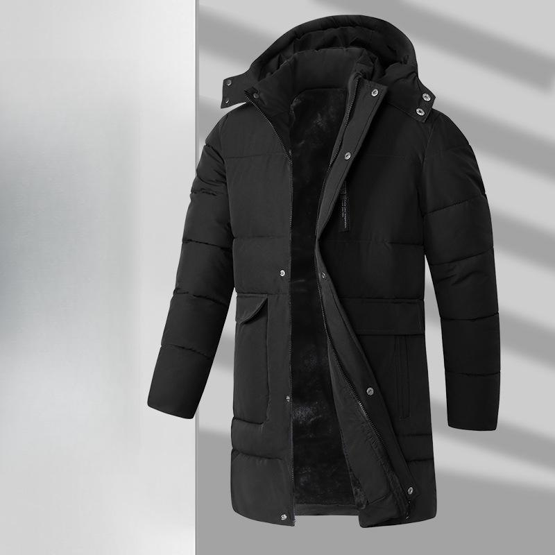 Neuer Herren-Loose-Mantel mit Baumwollpolsterung, mittel und lang, Outdoor, verdicktes Samt, abnehmbare Kapuze, warme Baumwollkleidung