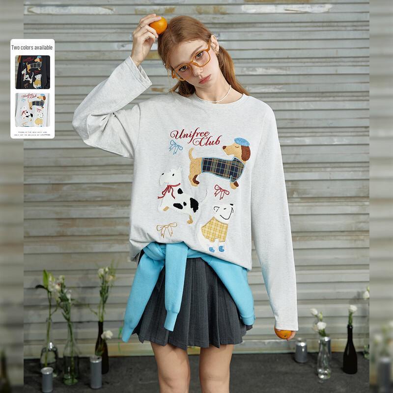 UNIFREE American Style Puppy Embroidered Long Sleeve T-Shirt L