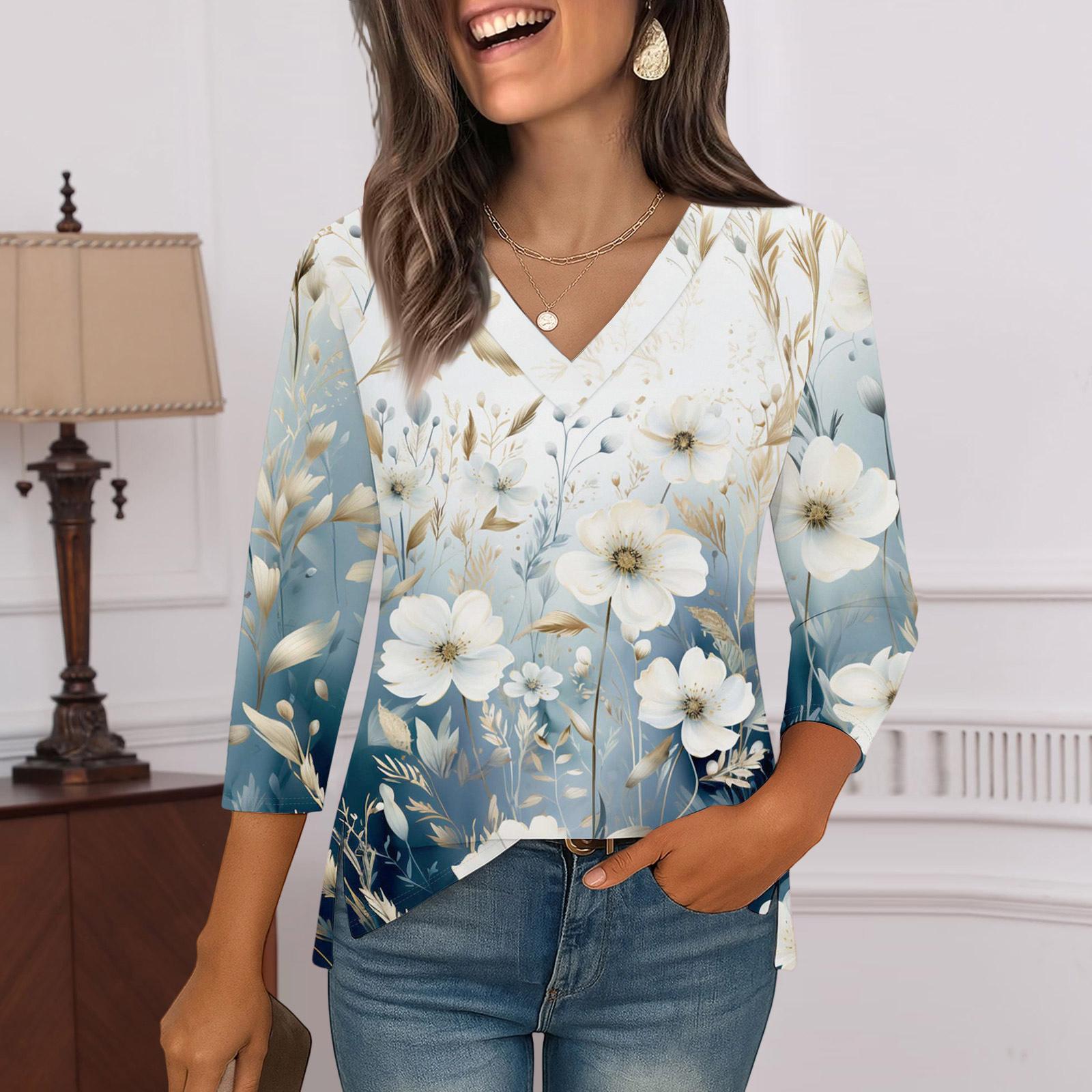 

3/4 Sleeve Shirts For Women Print Graphic Tees Blouses Casual Plus Size Basic Tops Pullover XL