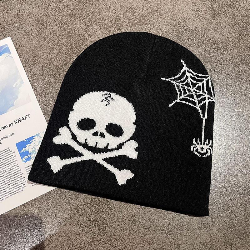 Knitted Fashion Hat With Skull And Spider Web Embroidered Design Halloween For