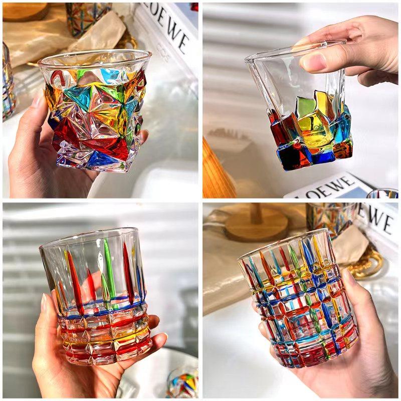 Bicchiere da Whiskey in Vetro Cristallo Colorato Dipinto Stile Europeo, Bicchiere da Acqua per la Casa, Tazza da Tè, Bicchiere da Acqua in Vetro Colorato con Motivo Intrecciato