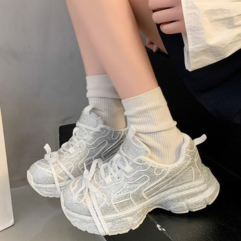 

Модные женские кроссовки на платформе со стразами 2025 Весна Массивные кроссовки «папины» Сверкающие кристаллы Уличная повседневная спортивная обувь Обувь для спортзала Трендовые 42