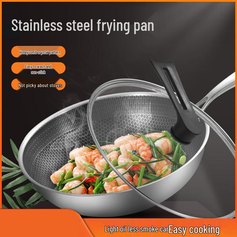 ZISIZ 34cm Honeycomb Non-stick 304 Stainless Steel Wok Set with Lid