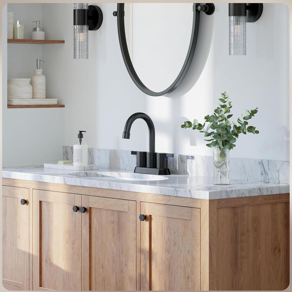 Phiestina 4 Inch 2 Handle Centerset Matte Black Lead-Free Modern Bathroom Faucet, 360 Swivel Spout 2-3 Hole RV Bathroom Vanity Sink Faucet with Pop