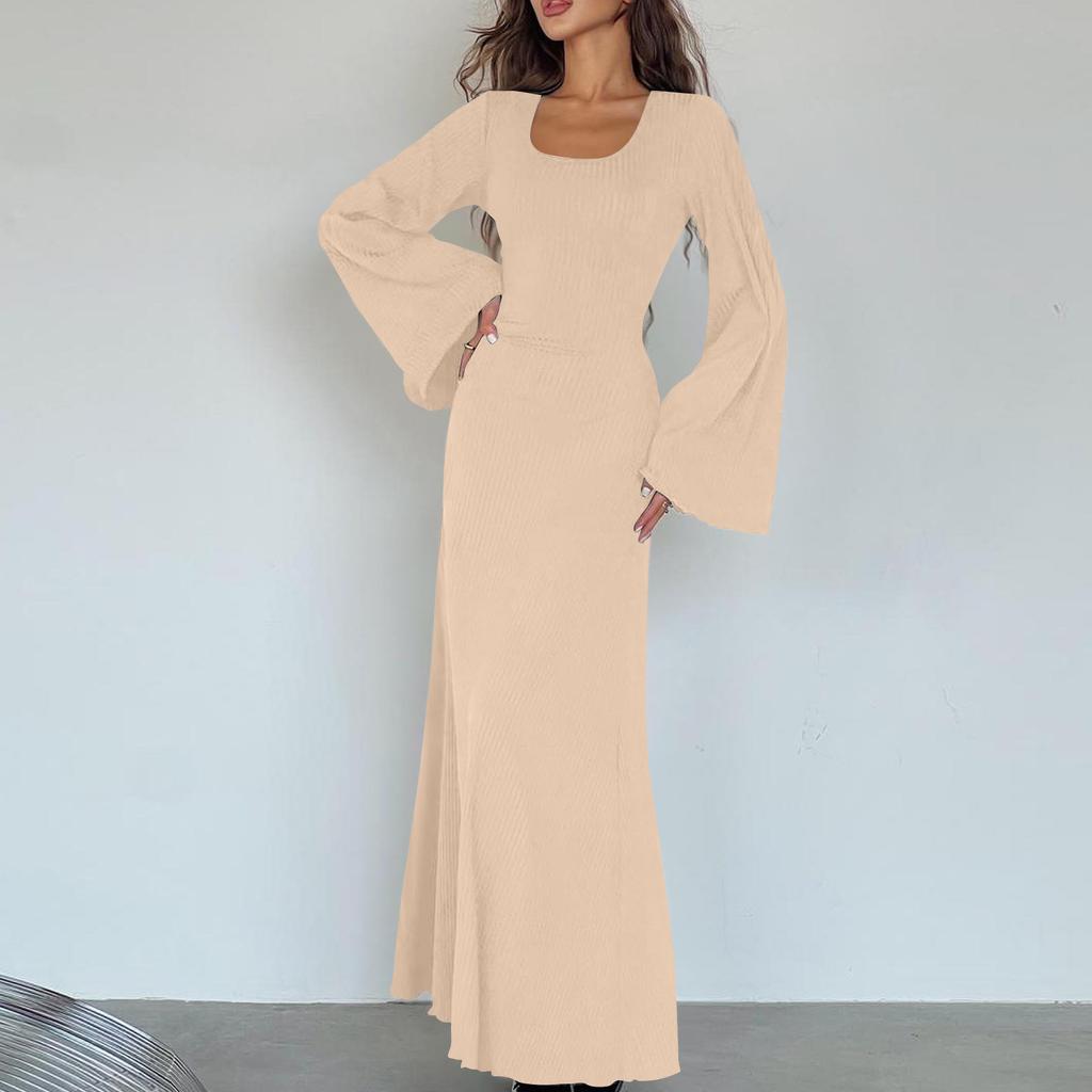 Women's Elegant Tie-Waist Knitted Dress Horn Sleeve Maxi Dress For Women U Neck Solid Color Long Dress Ribbed Bodycon Fall Dress