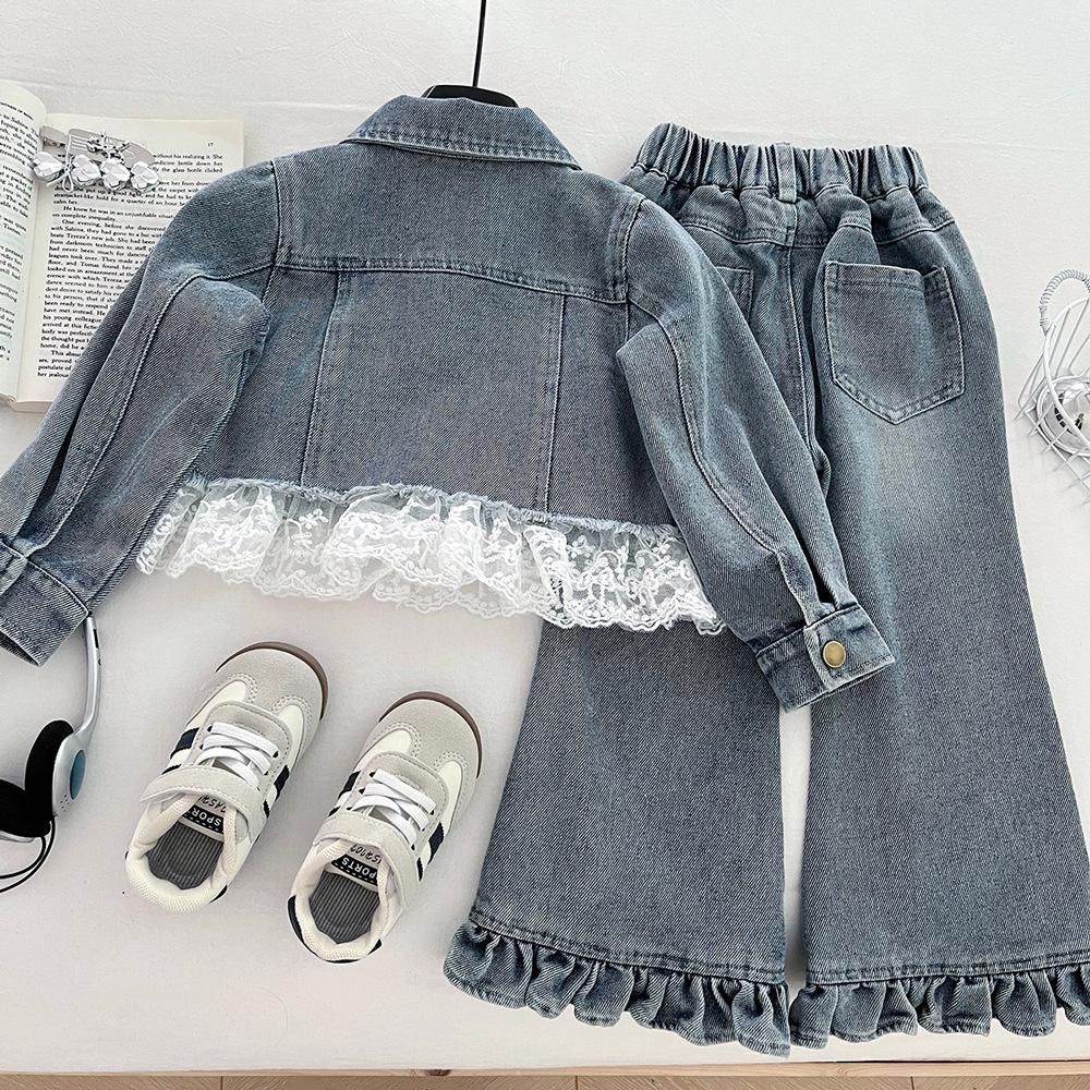 Girls' Korean-Style Lace Denim Jacket & Micro Flare Jeans Set for Autumn 2025