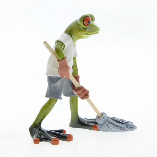 Mopping Cartoon Frog Figurine Doing Resin Statue Housework Frog Sculpture Home Office
