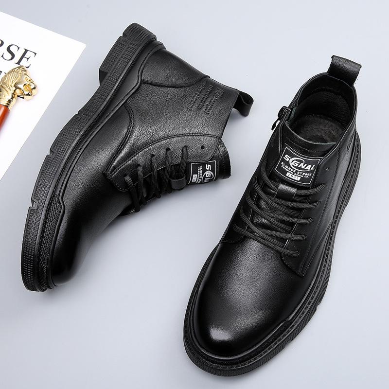 Leather Men's Leather Shoes British Style Fleece Warm First Layer Cowhide Medium Leather Boots Men's Casual Medium and High Top Boots Men's