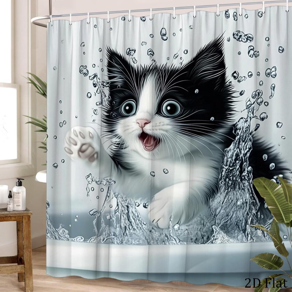 Splashing Cat Shower Curtain Kitten Playing In Water Print Waterproof Polyester Bathroom Decor Bath Curtain