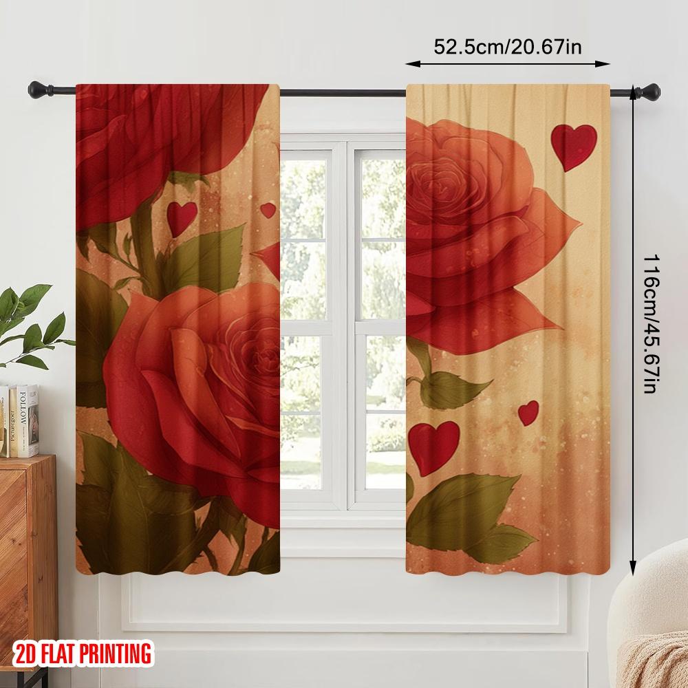 2pcs,2D Plane Printing Curtain Fabric Vibrant Red Roses Design Versatile Polyester Fabric (without Rod) Decorations Outdoor
