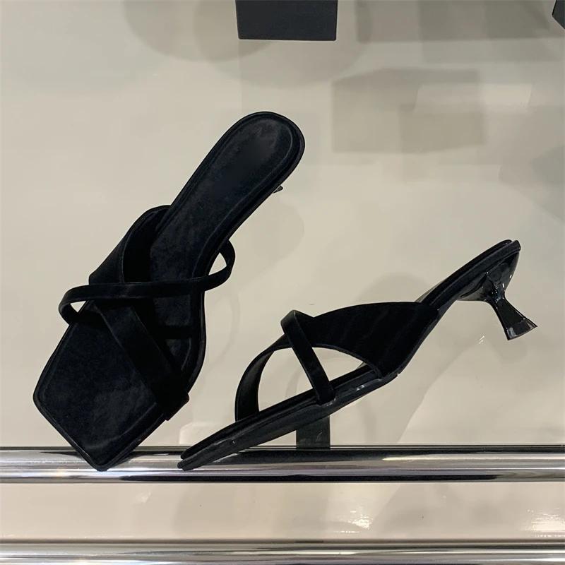 

Eilyken Design Narrow Band Square Toe Slippers Women Thin Low Heels Beach Sandals Summer Party Slide Shoes 35 чёрный