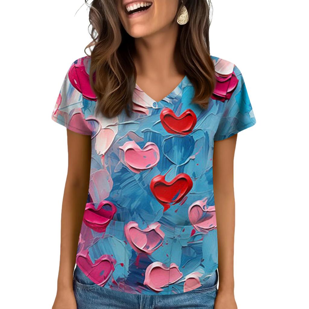 Women's V-neck Valentine's Day Printed Short-sleeved Top With Pockets And Side Slits, Suitable For Caregivers.