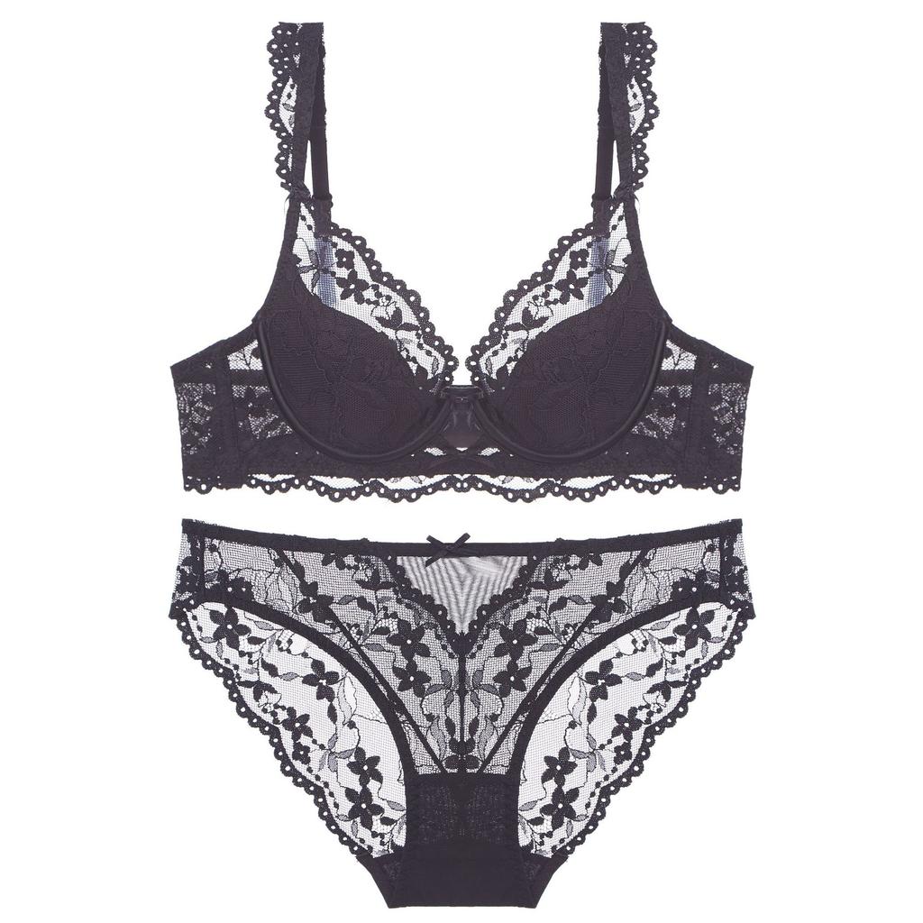 New Women Lace Flowers Embroidery Lingerie Set Sexy Hollow Thin Cup Push Up Bra Summer Comfort Underwear Adjustable Strap Bras