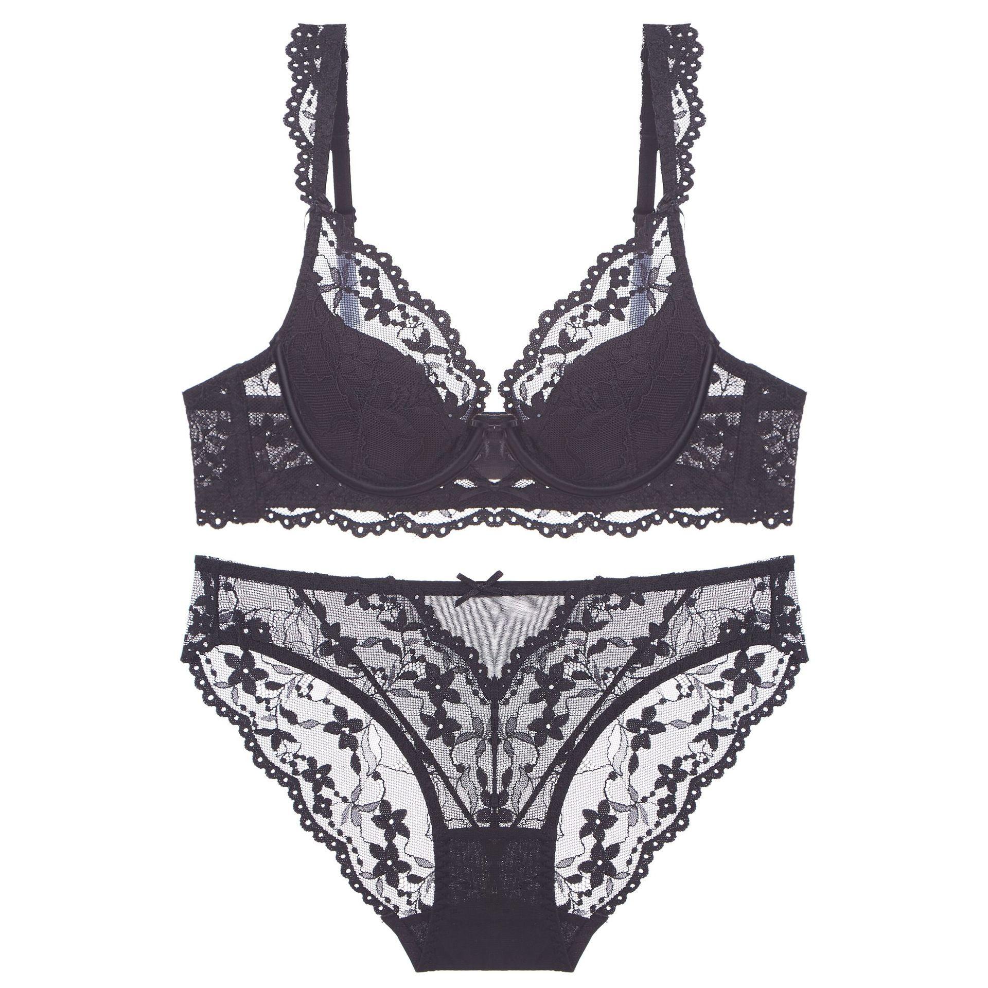 

Новий Жіночий Мереживний Комплект Білизни з Вишивкою Квітів Сексуальний Порожнистий Тонкий Пуш-Ап Бюстгальтер Літній Комфортний Комплект Нижня Білизна Регульовані Бретелі Бюстгальтери 85C чорний