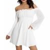Women's Fashion Off-Shoulder Tie-Detail Pleated Long-Sleeve Fitted -Color Short Dress