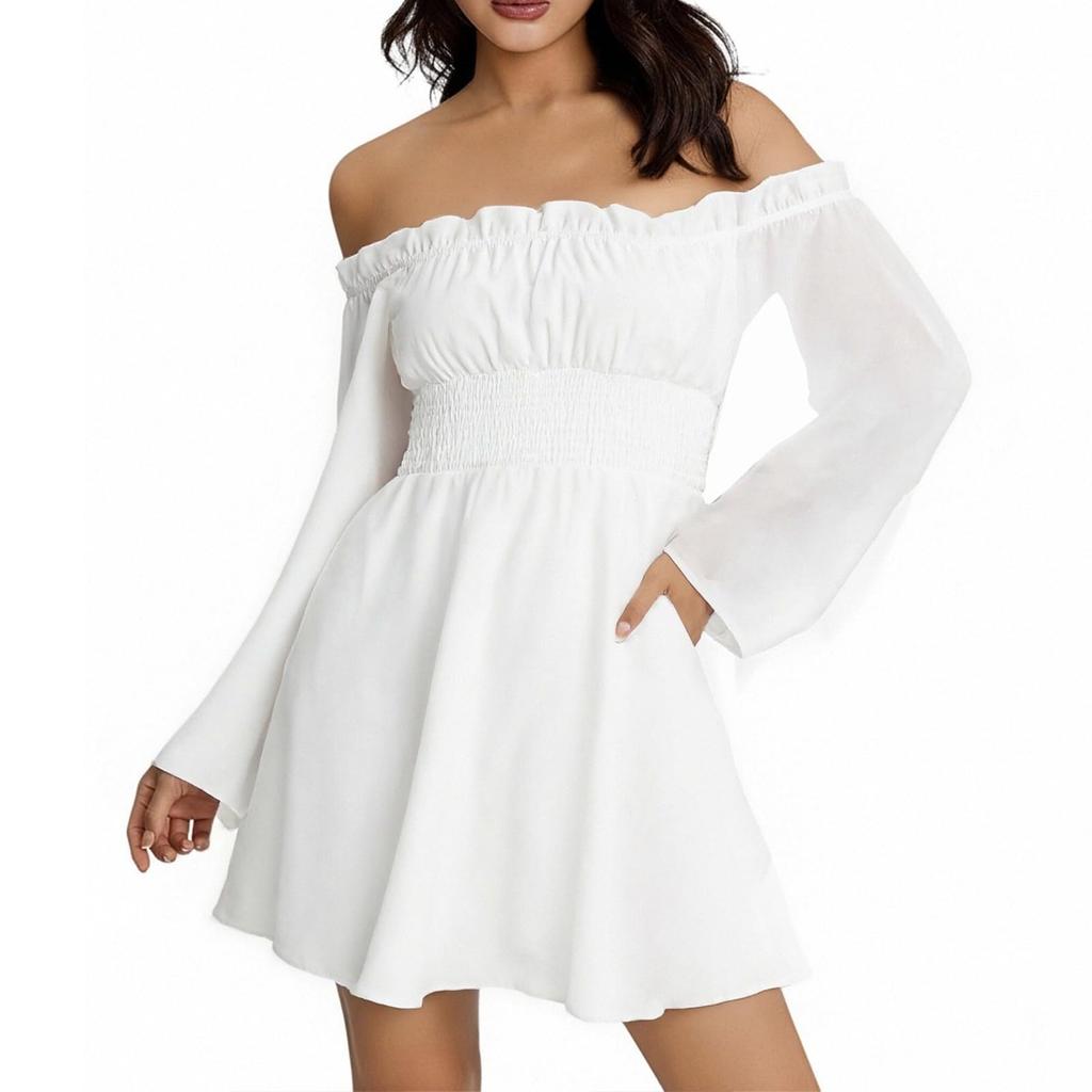 Women's Fashion Off-Shoulder Tie-Detail Pleated Long-Sleeve Fitted -Color Short Dress