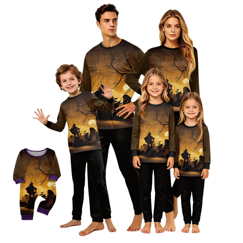 Family Matching Halloween Pajama Set Long Sleeve Top and Pants for Couples and Kids