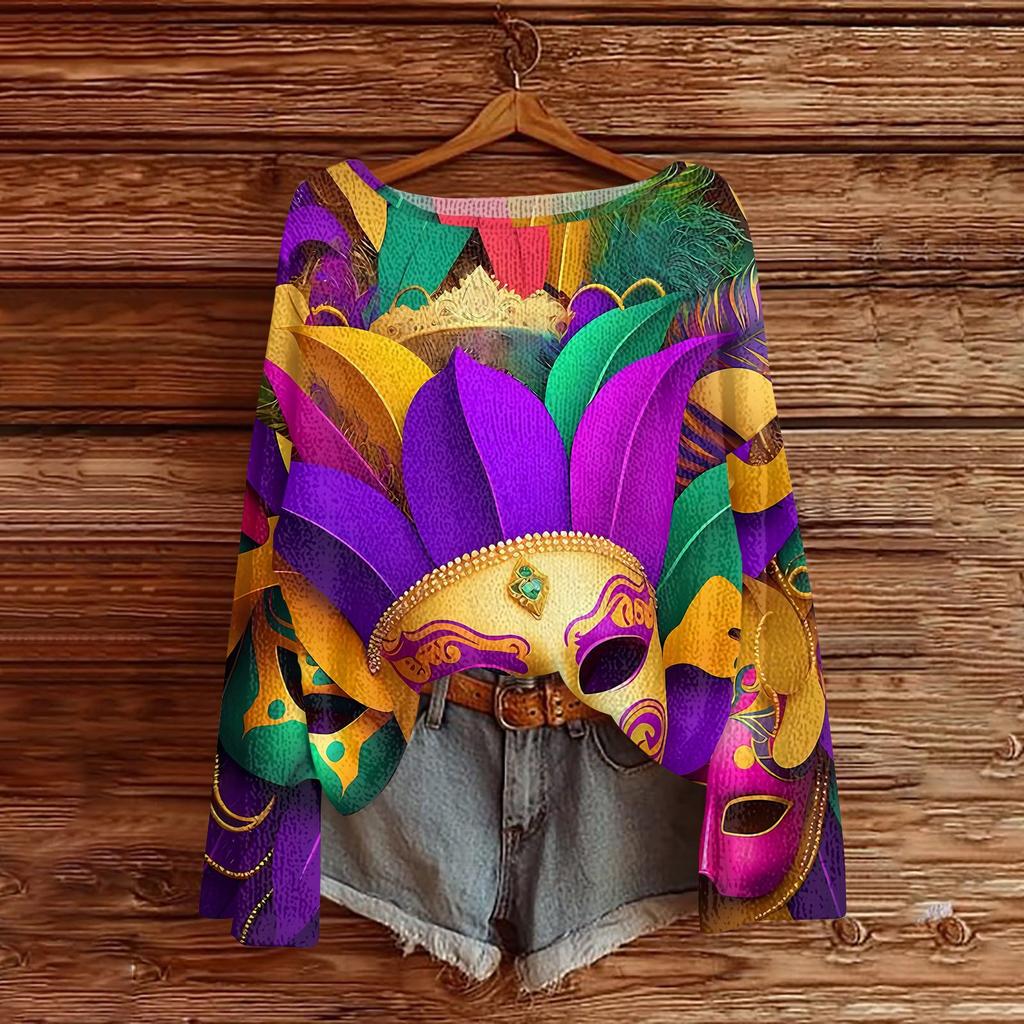 Women's Fashion Round Neck Long Sleeve Print Casual Pullover Sweater Top