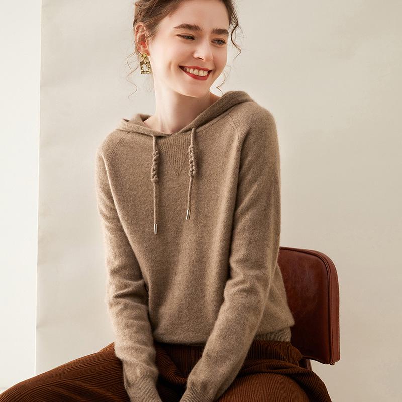 Women's Pure Cashmere Solid Color Hoodie, Warm and Thick, Loose Fit for Autumn and Winter