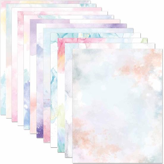 DUGUTUL Watercolor Stationary Paper, 100 Gsm Printer Paper 8.5 X 11, 12 Designs, Double-Sided, Colored Paper for Writing Letters and Invitations,