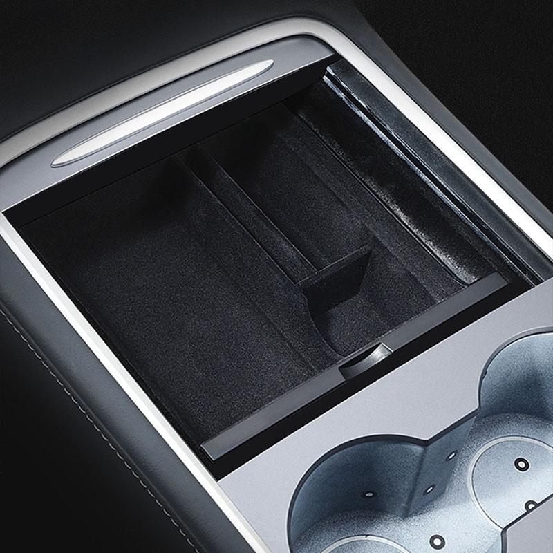 Samochodowy centralny schowek w podłokietniku do Tesla Model 3 / Y 2022 2023 Ukryty schowek Uchwyt na kubek Organizer z flokowanego materiału Pojemniki