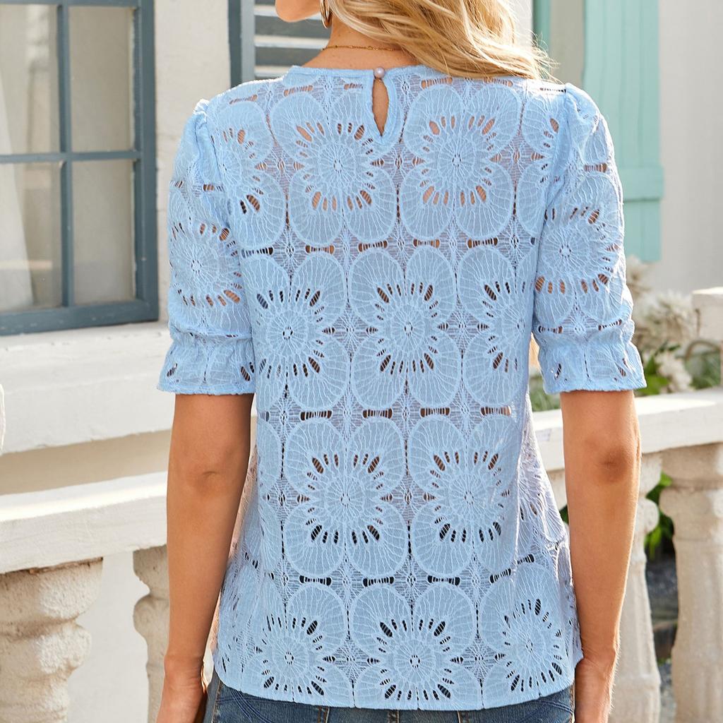 Damen Modisch Lässig Hohlspitze Puff Kurzarm Bluse Top Kurzarm Bluse Top