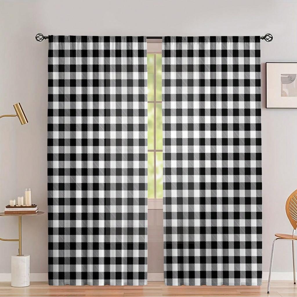 2 Pack Fashion Black and White Buffalo Plaid Printed Curtain   Geometric Artwork Design Modern Home Decor