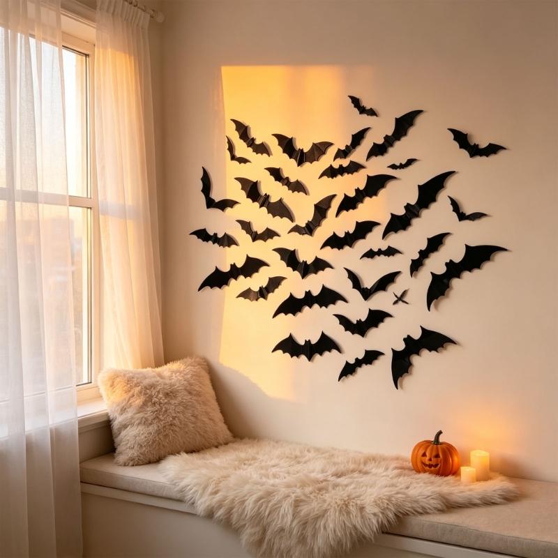 Indoor Halloween Bat Sticker Set, 111 Black 3D Flying Cutouts Sticker for Entryway, Glass Panels, Room Sections and Shop Display Use IndoorsSticker