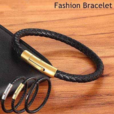 Fashion Classics Woven Leather Bracelet Black/Gold/Silver Stainless Steel Button Bracelet Jewelry Neutral Accessories Festival Gift for Men Women