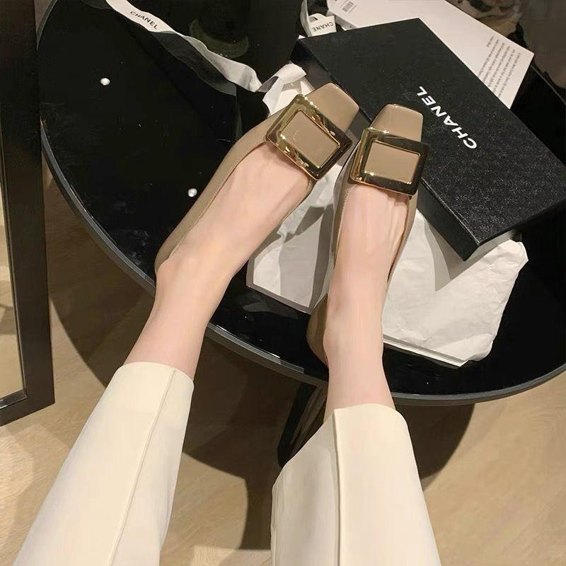 Shoes classic commuter square head rv square buckle short heel shallow mouth flat sole shoes women's autumn