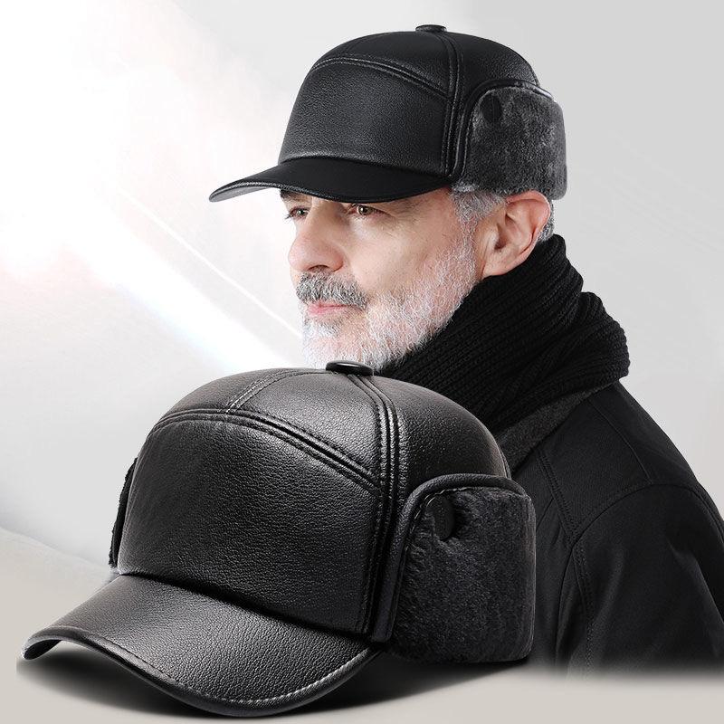Winter Leather Cap with Ear Flaps Plush Lined Thermal Warm Windproof Cold Weather Baseball Hat for Men Women Outdoor Activities