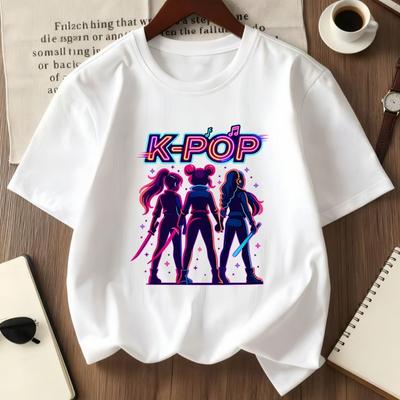 Girls Crewneck Short Sleeve Tee, K-Pop Girl Group Character Print Casual Sport Fashion Summer Top