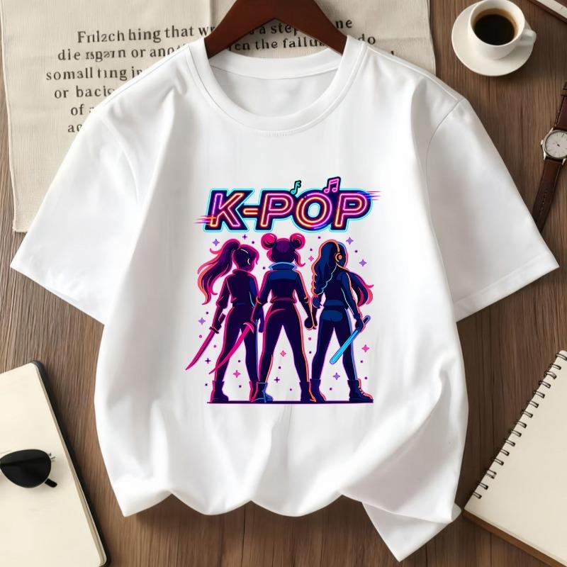 Girls Crewneck Short Sleeve Tee, K-Pop Girl Group Character Print Casual Sport Fashion Summer Top 110 белый