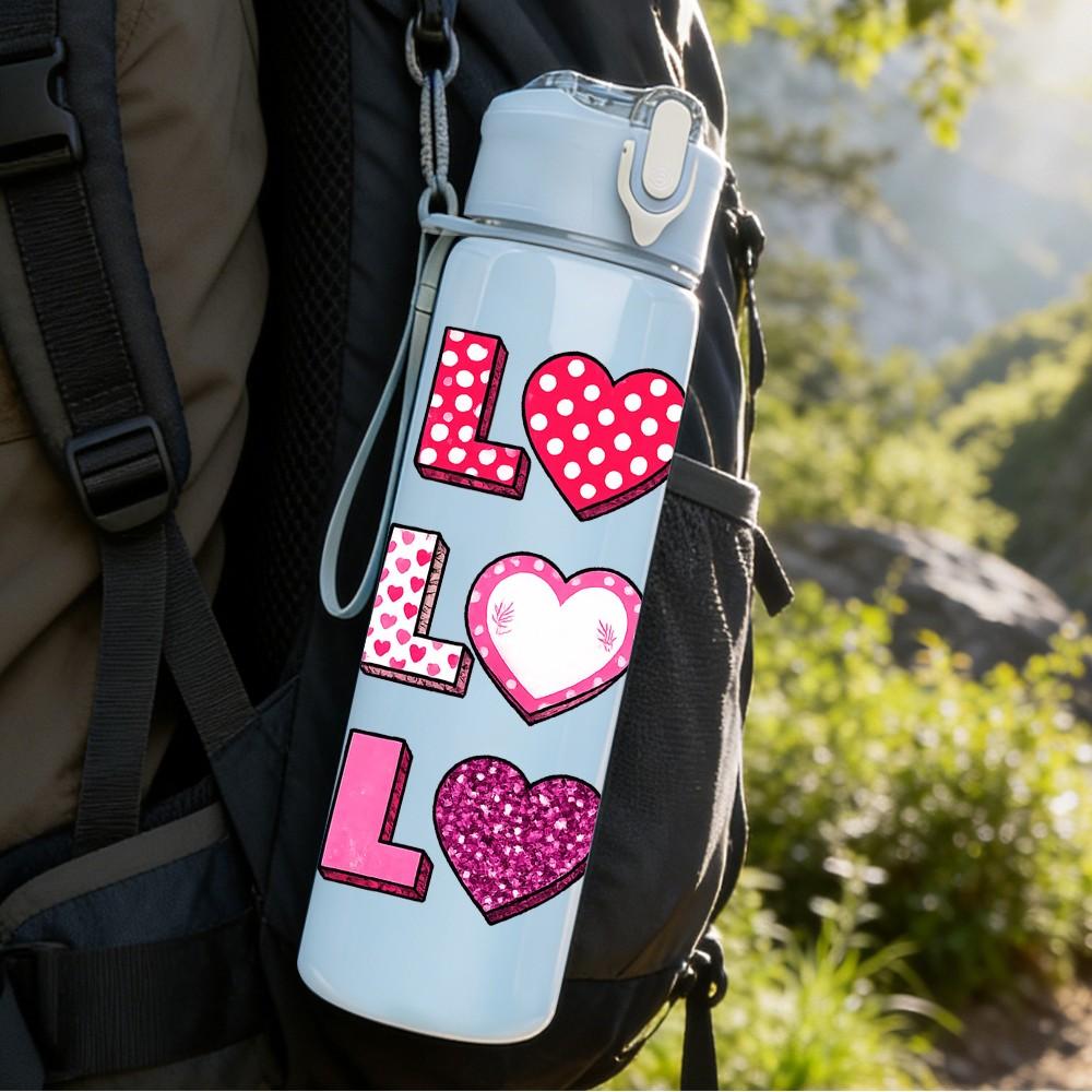 1PC Love Love Heart Text 750ml Color Plastic Sports Water Bottle Leakproof Flip Straw Lid Suitable for Sports Office Home Use