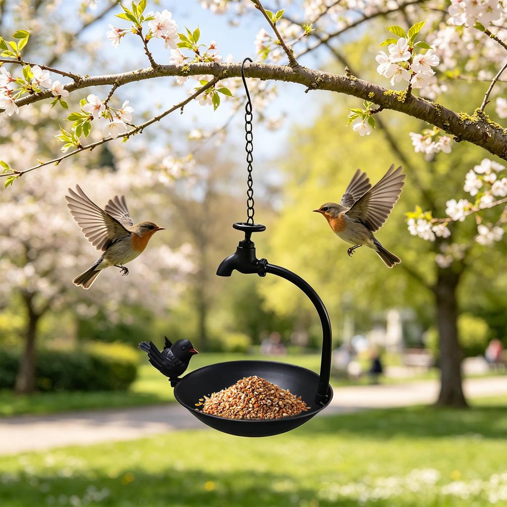 Outdoor Hanging Metal Bird Feeder with Decorative Faucet and Bird Design Hanging Chain for Garden Patio Backyard