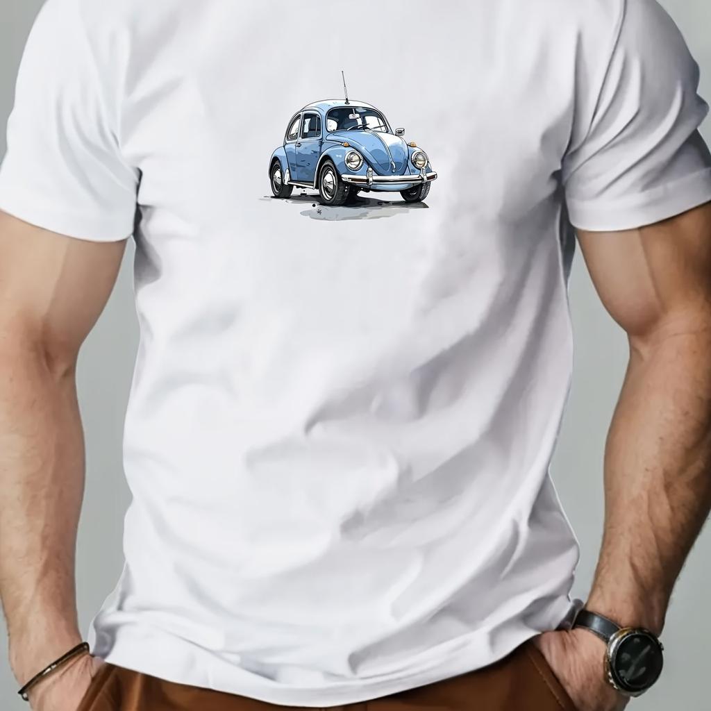 Men Casual Summer T-Shirt with Car Pattern Round Neck Short Sleeve Cotton Non-Transparent Men Clothing
