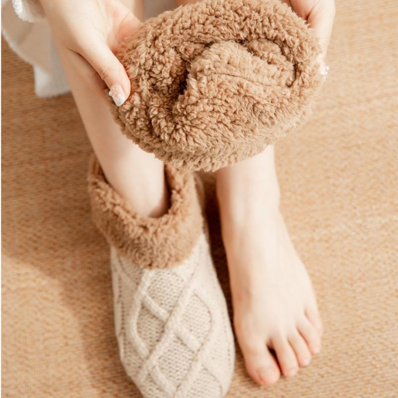 Unisex Thermal Knit Ankle Socks for Cold Weather Nonslip Grip Bottom Soles Floor Socks Thick Fleece Lined Slipper Socks