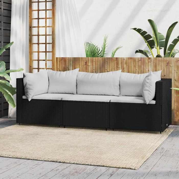 VidaXL Salon de jardin 3 pcs avec coussins Noir Résine tressée, ensemble de salon d'extérieur, ensemble de mobilier 319734
